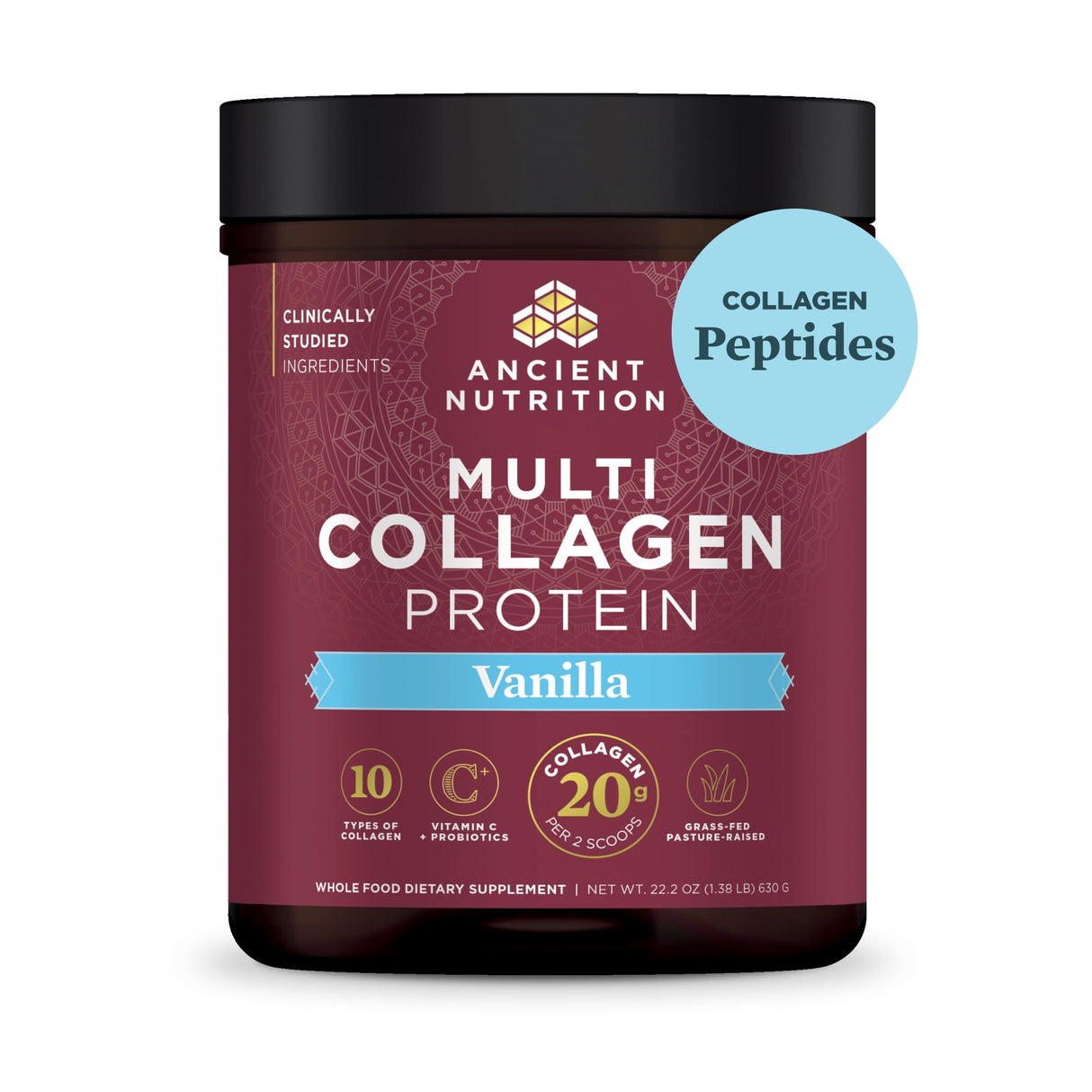 Ancient Nutrition Collagen Peptides Powder, Multi Collagen Protein, Women & Men, Vitamin C, Probiotics, Hydrolyzed Collagen, Supports Skin, Joints, Gut Health, Vanilla, 60 Servings