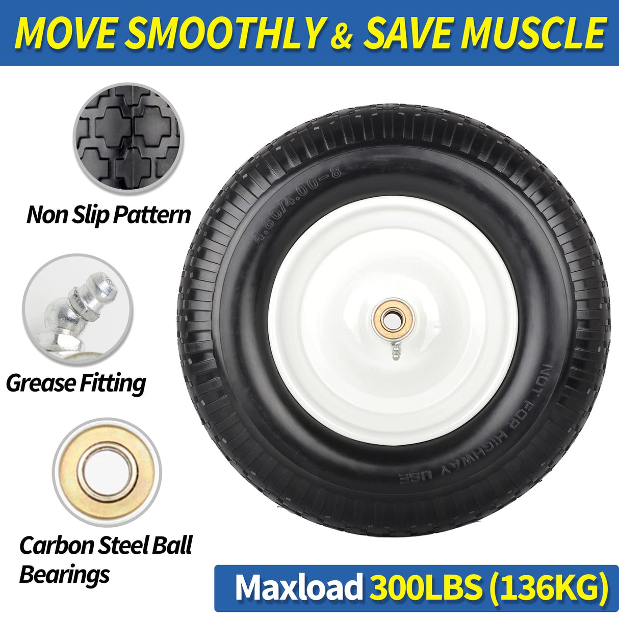 GICOOL 16" Solid Wheelbarrow Tire, 4.80/4.00-8" Flat-Free Tire and Wheel, 6" Centered Hub, 5/8" Axle Bore Hole for Wheel Barrow Garden Utility Cart Replacement