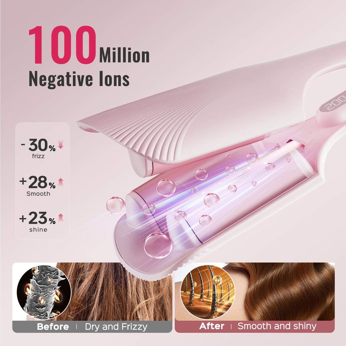 Hair Waver LENA S16 Beach Waves Curling Iron, Hair Tool for Women with 3 Titanium Ceramic Barrels, Anti-Scald Protection, Smart Timer & Adjustable Temps, Dual Voltage, 1.25 Inch, Pink