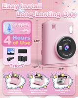 Instant Print Camera for Kids, 1080P Instant Digital Print Cameras for Toddler, Portable Toy for 4 5 6 7 8 9 10 Year Old Girl, Christmas Birthday Gifts for Girls Boys with SD Card Pink