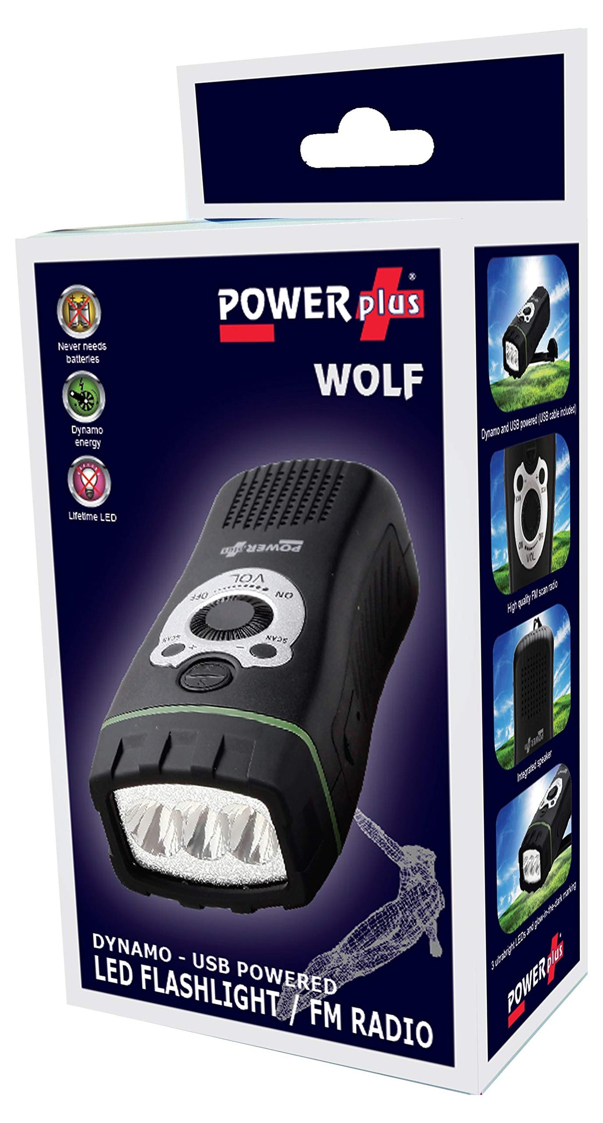 POWERplus Wolf Dynamo FM Scan Radio Flashlight, Steel, Black