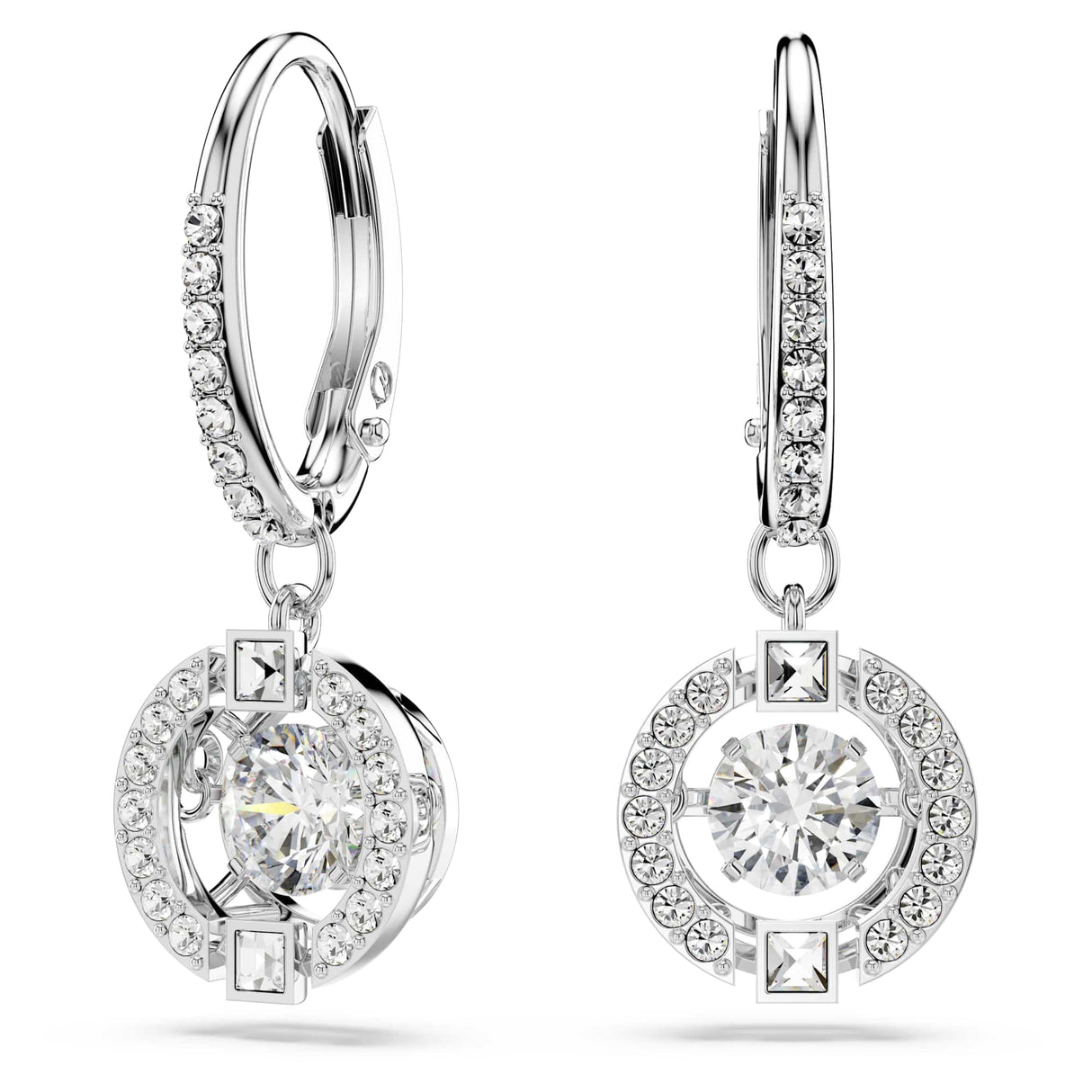 Swarovski Una Drop Pierced Earrings with Crystal Pavé Surrounding a Round, White Floating Stone on a Rhodium Finished Setting