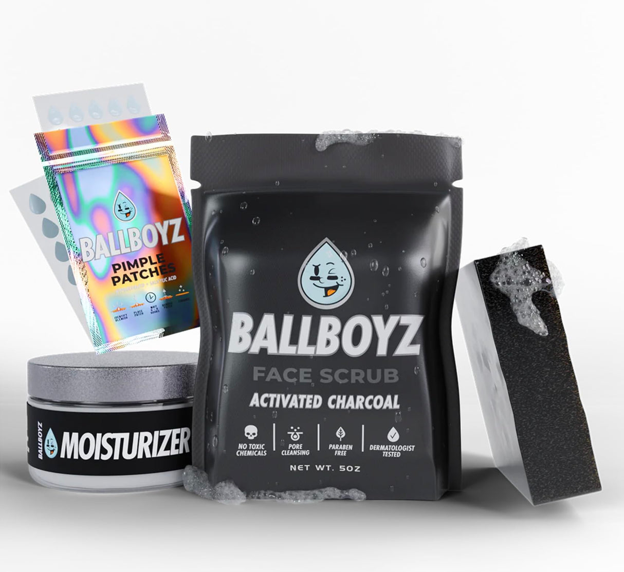 Ballboyz Soap: Gold Pack - Natural Gentle yet Powerful Cleansing to Remove Sweat and Dirt (Activated Charcoal Face Scrub, Cool Breeze Body Scrub, and Mr. Drip Pimple Patches, 1 Count (Pack of 3)