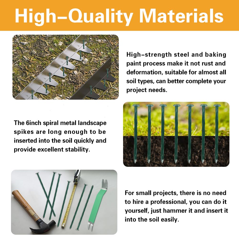 Bakulyor 100 Pack Metal Landscape Stakes, 6 Inch Artificial Turf Spikes, 6 Gauge Large Landscaping Nails, Green Edging Anchoring Staple for Garden Ground Grass Lawn Paver Timber Border Weed Barrier 6"