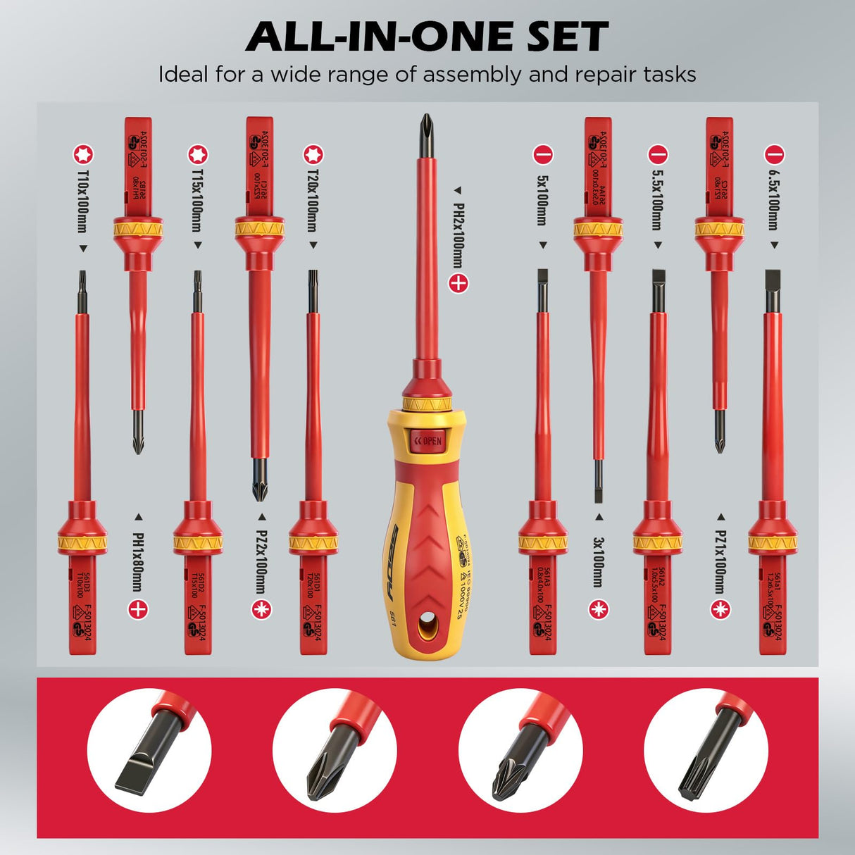 1000V Insulated Electrician Screwdriver Set - 13-Piece Professional Electrical Screwdriver Set Insulation Handle CRV Steel Magnetic Phillips Slotted Pozi Torx Tips VDE & GS Certified