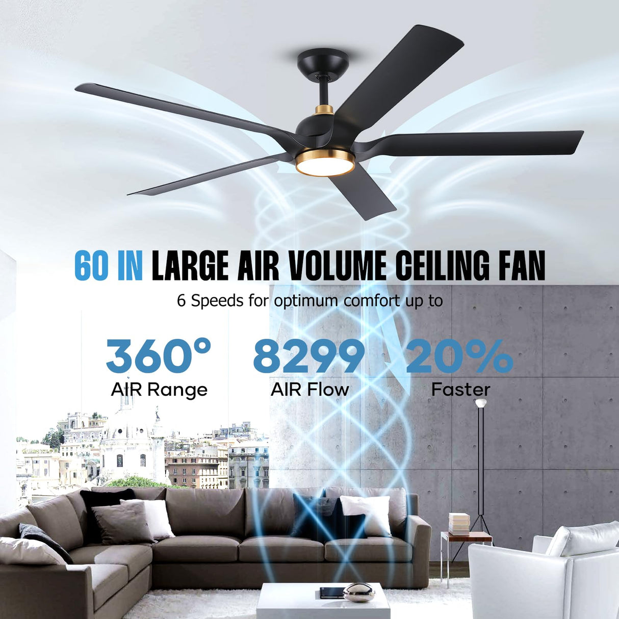 60 Inch Gold Ceiling Fan with Light and Remote, Black Gold Modern Ceiling Fans with Quiet Reversible DC Motor, Large Outdoor Ceiling Fan for Patio, Porch, Indoor Living Room, Bedroom, Office, 3 CCT