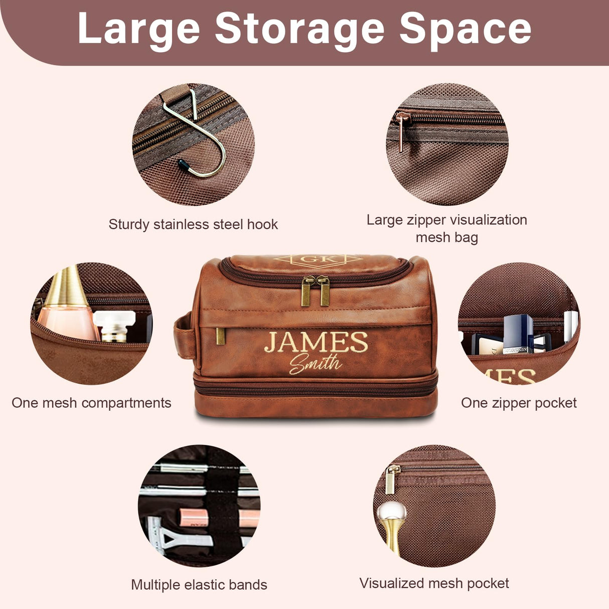 Personalized Toiletry Bag for Men, Gifts for Men, Christmas, Custom Leather Travel Shave Kit Cosmetic Hygiene Bag, Engraved Pattern Text, Ideal for Him, Dad, Groomsmen, Birthday, Anniversary, Father