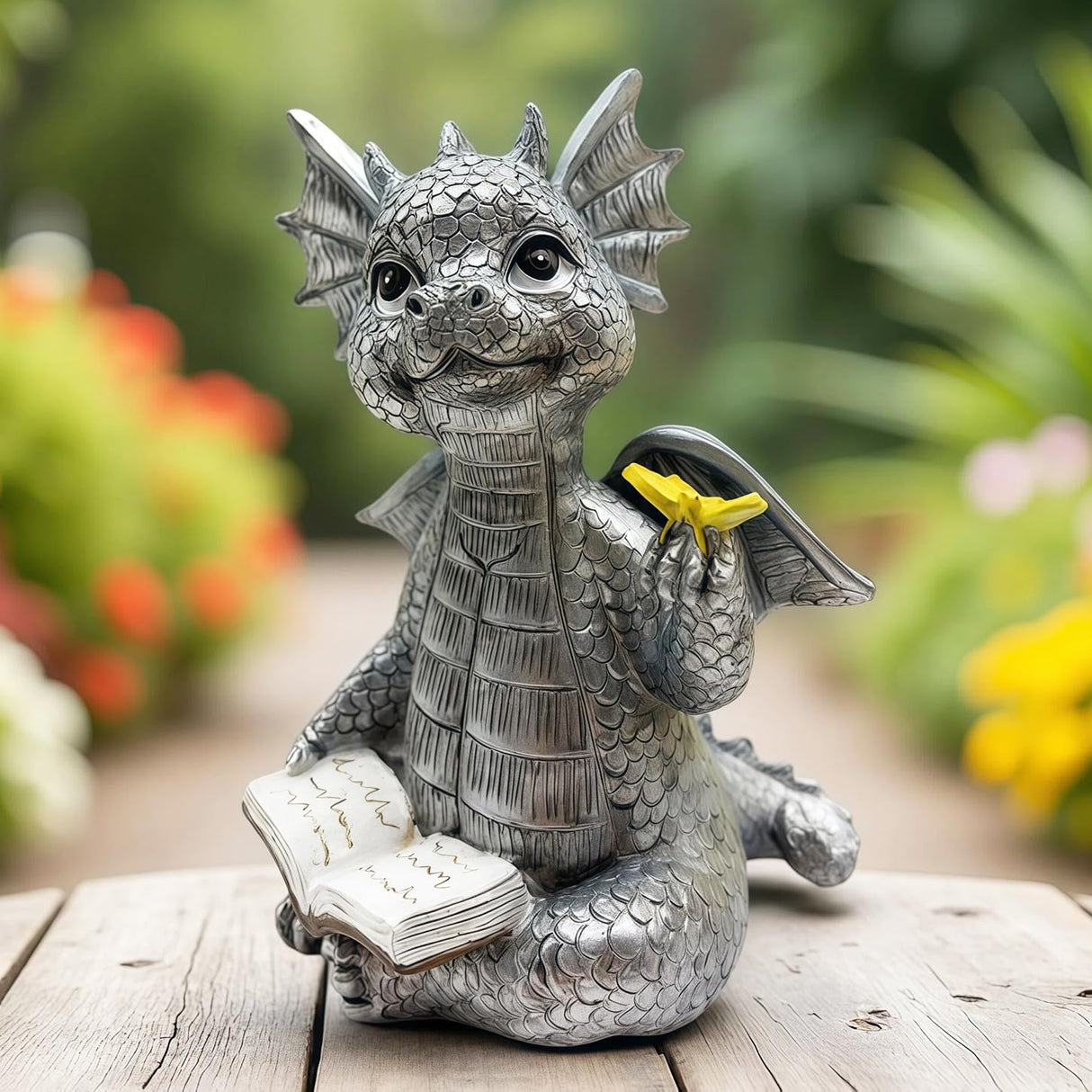 JARPSIRY Cute Dragon Reading Book Statue, 5.9-Inch Tall Dinosaur Holding Butterfly Figurines Art Resin Sculpture Outdoor Garden Decor Home Desk Ornaments