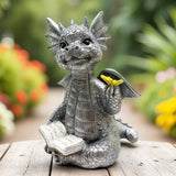 JARPSIRY Cute Dragon Reading Book Statue, 5.9-Inch Tall Dinosaur Holding Butterfly Figurines Art Resin Sculpture Outdoor Garden Decor Home Desk Ornaments