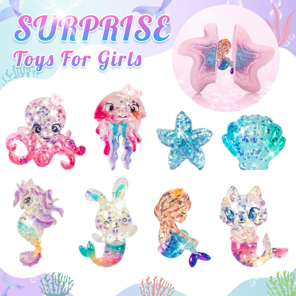 8 Packs Bath Bombs for Kids Girls, Mermaid Bath Bomb with Surprise Toys Inside, Princess Bubble Bath Toys for Kids Aged 4-8, Christmas Birthday Gifts for Girls 3 4 5 6 7 8