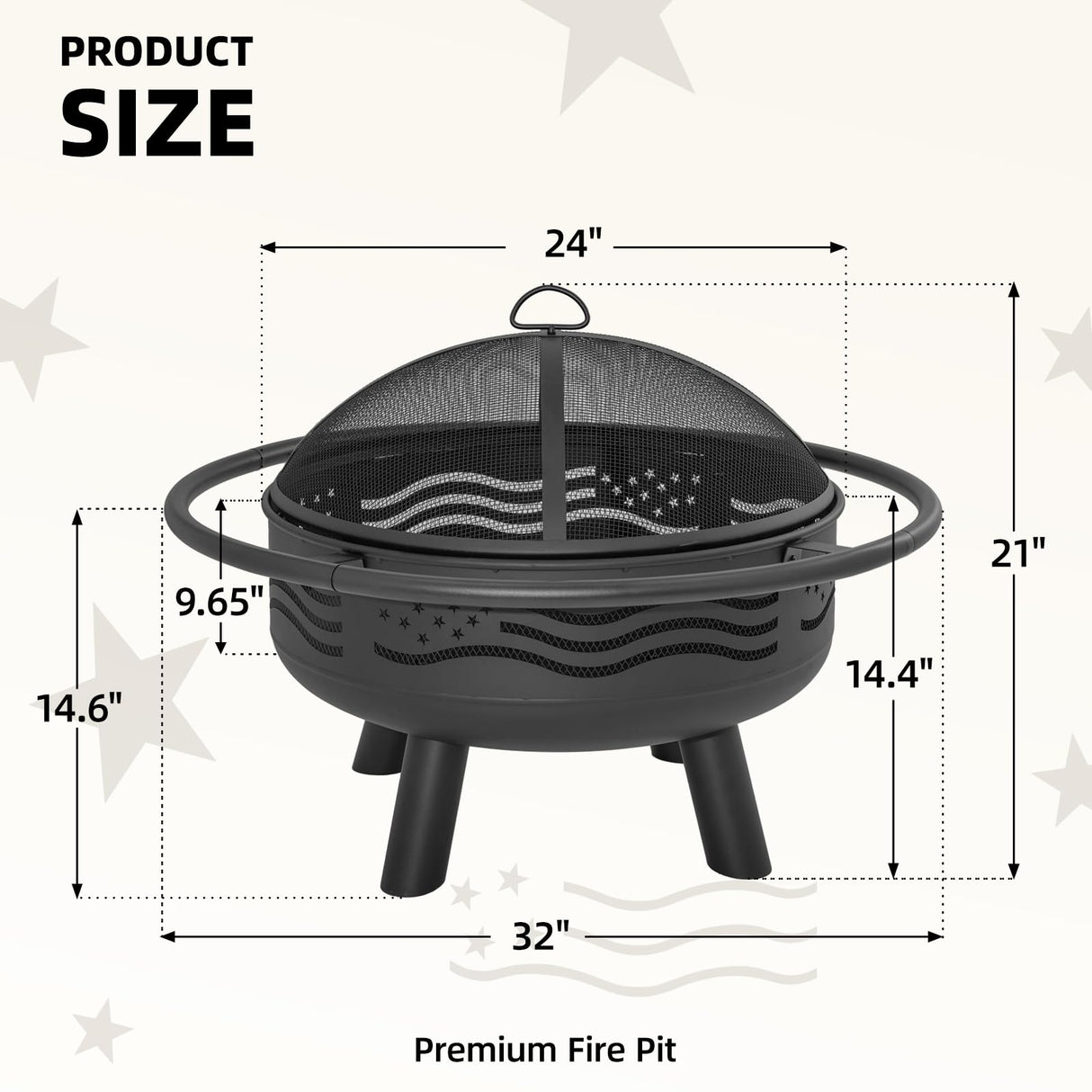 Breezz 32 Inch American Flag Fire Pit with Mesh Cover & Poker, Round Metal Wood Burning Outdoor Firepit for Patio, Garden, Backyard, Bonfire, Ideal for 4th of July, Memorial Day, Christmas