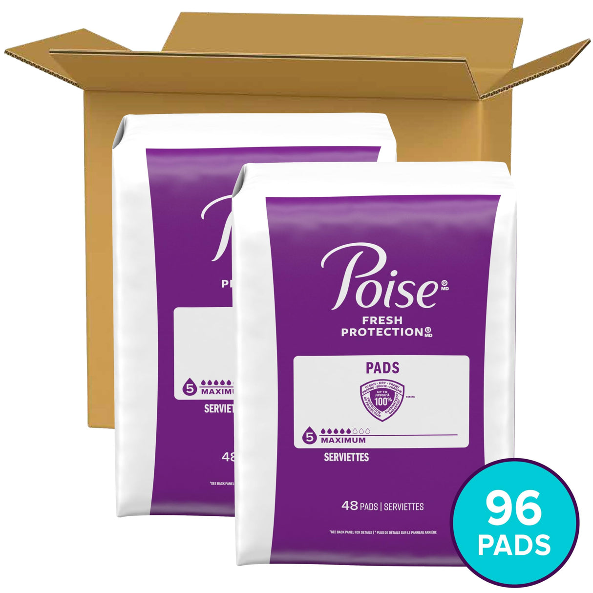 Poise Incontinence & Postpartum Pads for Bladder Leaks, 5 Drop Maximum Absorbency, Regular Length, 96 Count, Packaging May Vary
