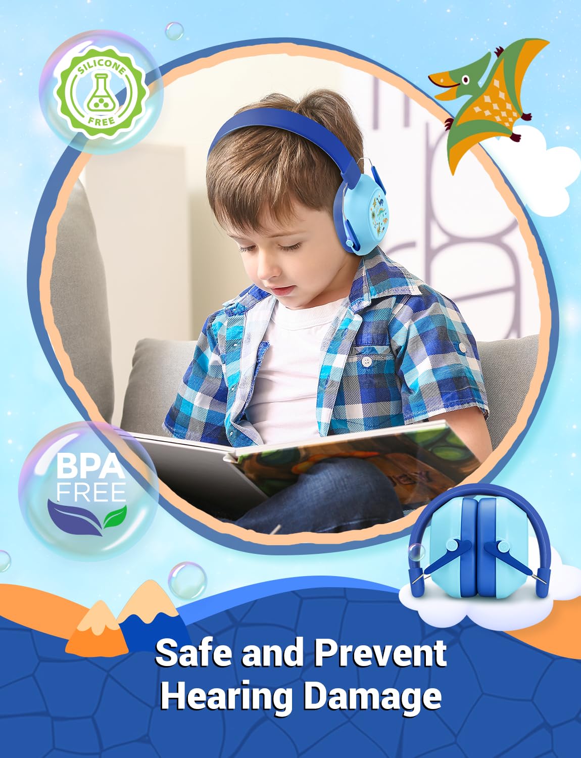 iClever Noise Cancelling Headphones for Kids, SNR 29dB Safety Noise Reduction Ear Muffs for Autism Sensory &Concentration Aid, Ear Hearing Protection for Fireworks/Event/Monster Truck, Dinosaur