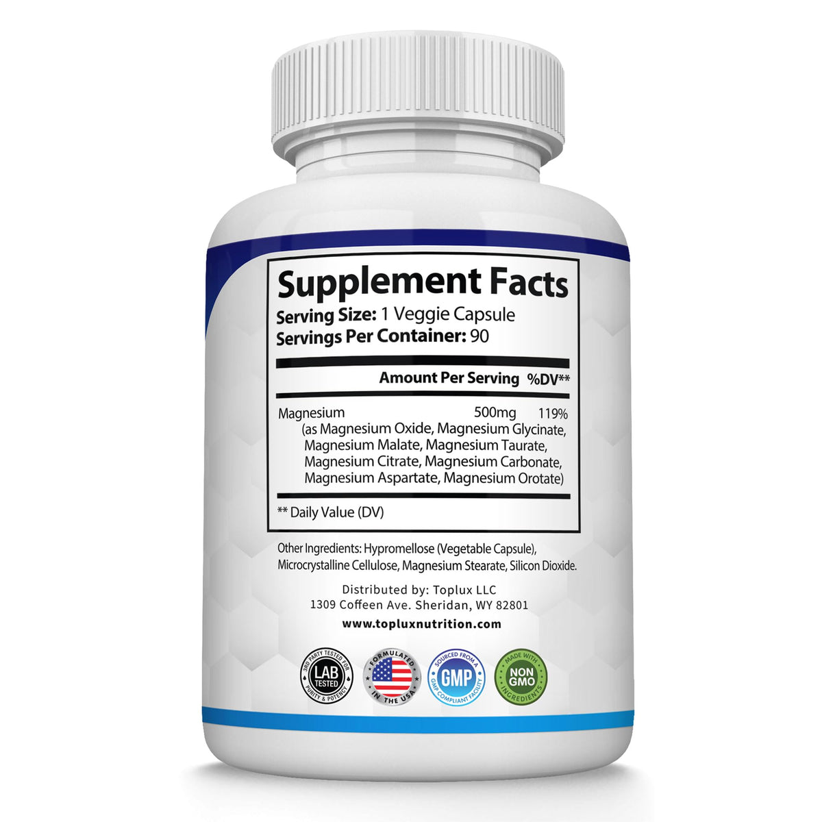 Toplux Magnesium Complex Supplement 8 Elemental - Magnesium Glycinate, Citrate, Malate, Taurate, Chelated for Easy Absorption for Bones, Muscle, Recovery, Energy, Vegan Non-GMO 90 Capsules