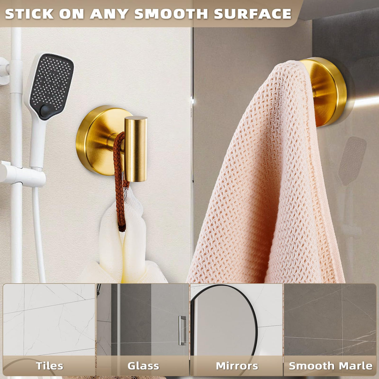Fenas Suction Cup Hooks for Shower - Bathroom Reusable Hooks for Towels, Robes & Loofah - No-Drill Mounting on Kitchen,Walls,Metal,Glass,Mirrors,Tile & Smooth Non-Porous Surfaces (4, Brushed Gold)