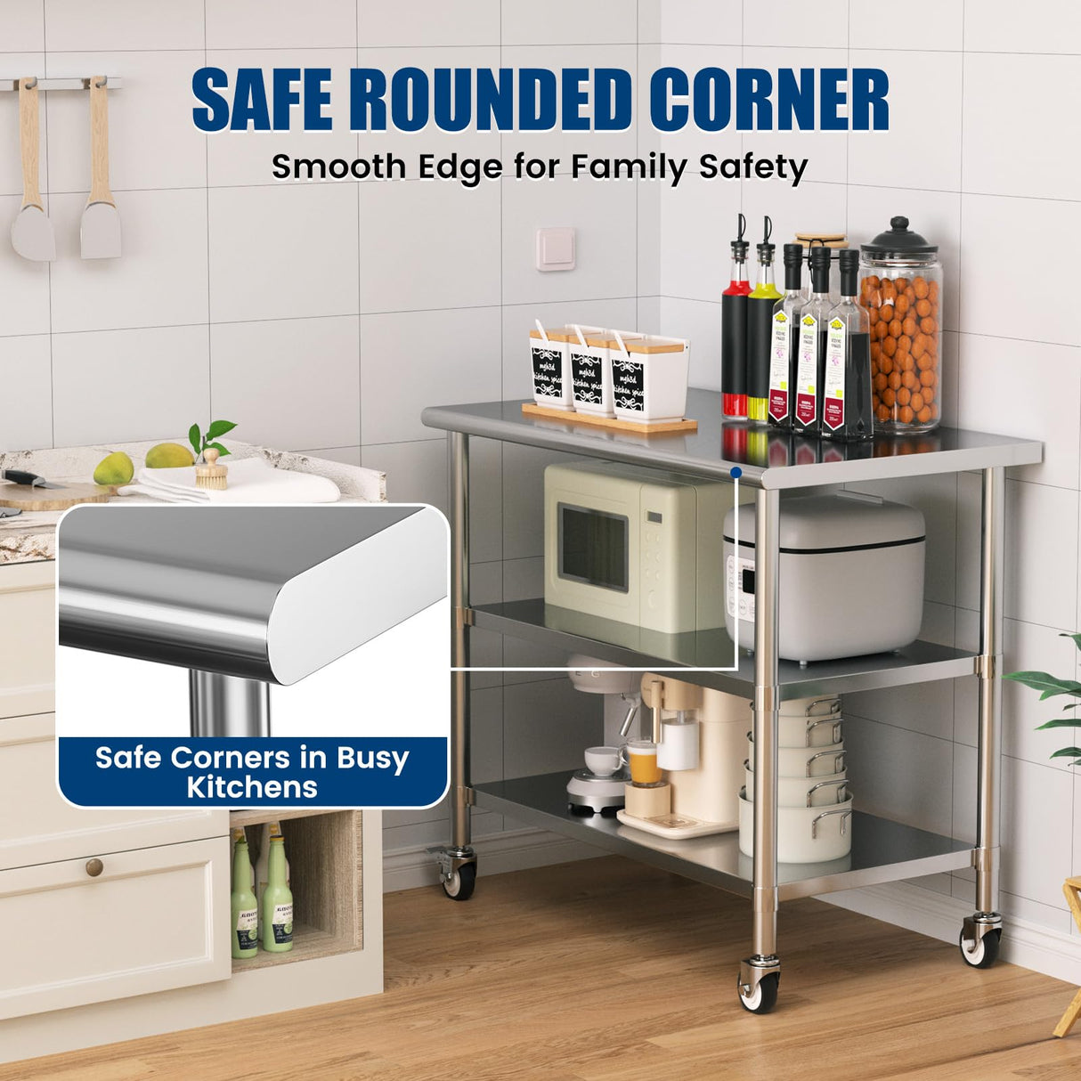 Chingoo Stainless Steel Work Table with Wheels, 24x48 Inch NSF Kitchen Prep Table with 2 Adjustable Undershelves for Commercial Restaurant, Garage, Outdoor BBQ
