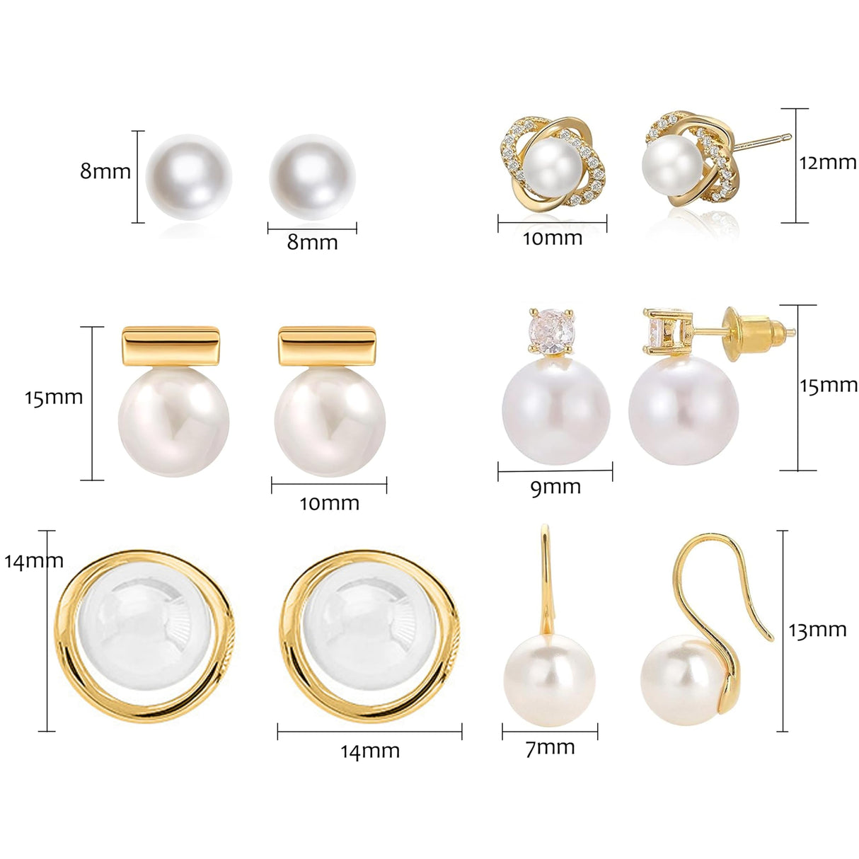 Kaibig 6 Pairs Pearl Stud Earrings for Women Gold Bar Knot Clover Cubic Zircon Stud Mixed Styles Pearl Earrings Set Perfect for Wedding Prom Party Daily Wear Elegant Jewelry for Women