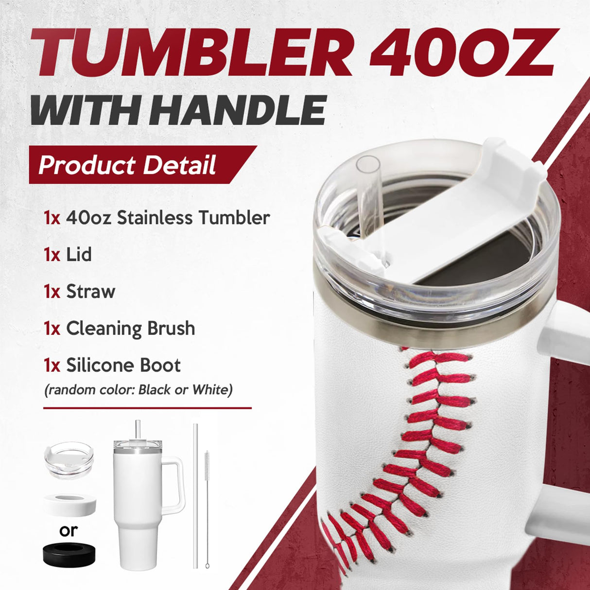 SANDJEST Baseball Tumbler with Handle 40oz, Insulated Stainless Steel Cup with Lid & Straw, Gifts for Men, Boys, Players, Coaches, Sports Lovers, Christmas, Birthday