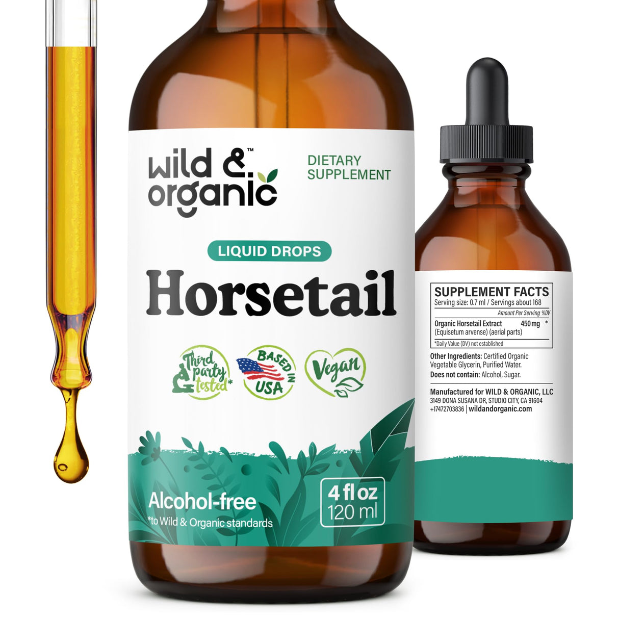 Wild & Organic Horsetail Herb Tincture - Hair Skin and Nails Support - Liquid Horsetail Supplement - Vegan, Sugar & Alcohol-Free Leaf Extract Drops - 4 fl oz