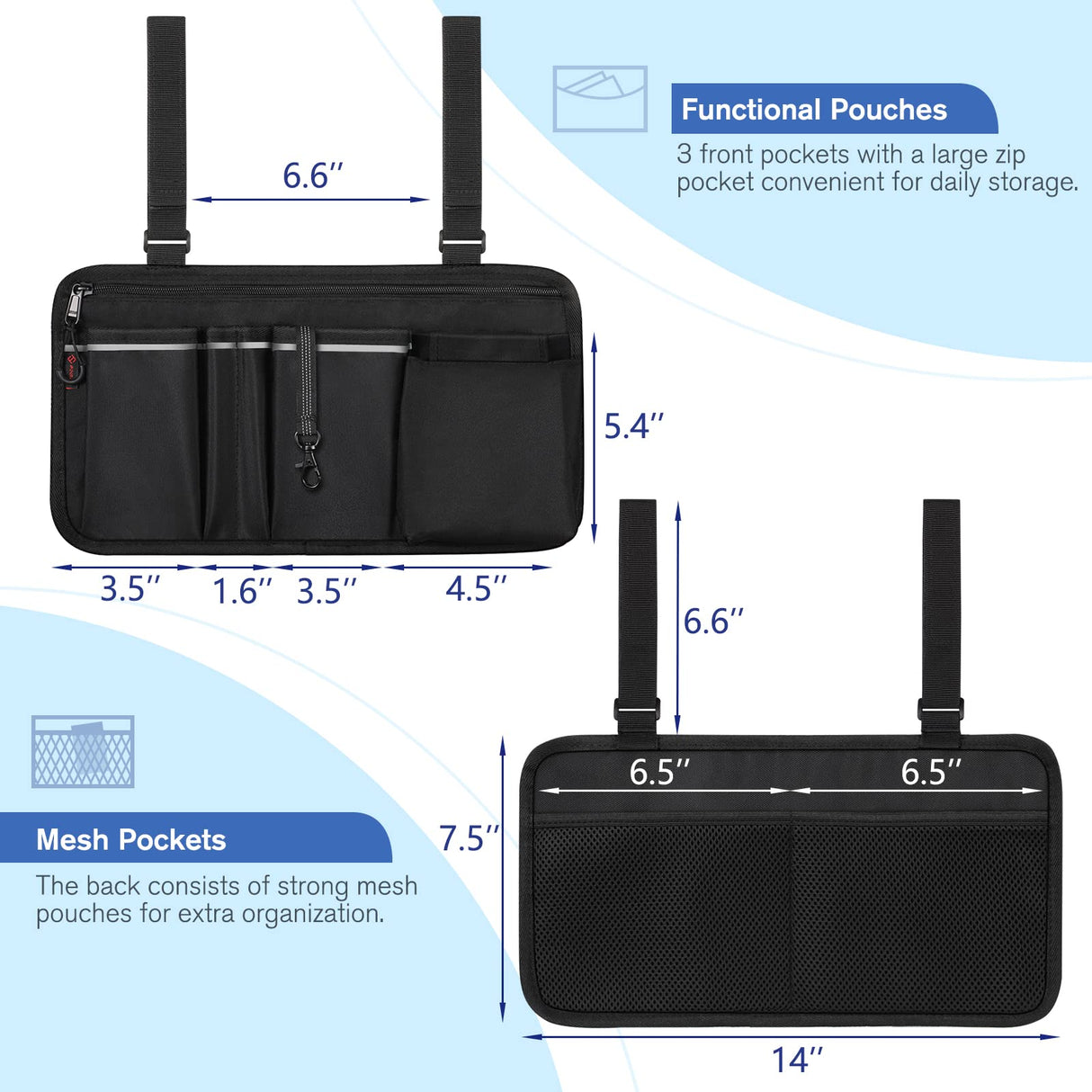 FINPAC Wheelchair Side Organizer Bag with Cup Holder, Wheelchair Armrest Accessories Pouch with Pen Slot and Reflective Strips for Power Wheelchairs, Walkers, Rollators, Adults, Seniors - Black