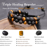 Triple Protection Bracelet for Men Women, Genuine Premium Tiger Eye Black Onyx and Lava Rock 8mm Handmade Bead Bracelet Healing Crystal Protection Bracelets Bring Luck and Prosperity and Happiness