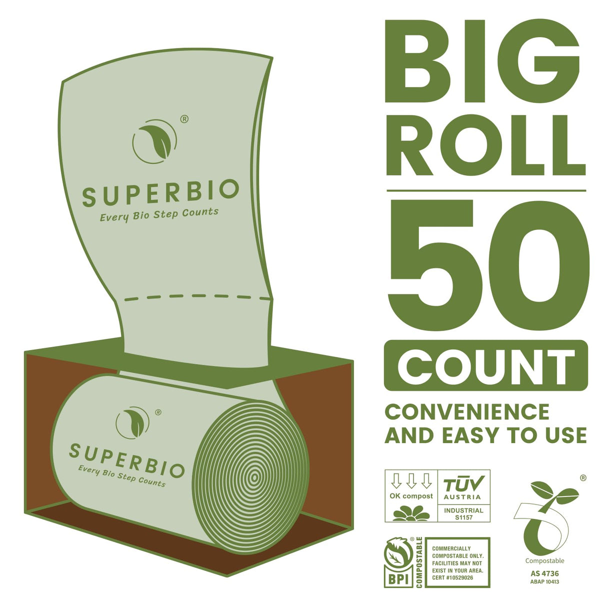 SUPERBIO 13 Gallon Flat Top Compostable Food Waste Bags, 50 Count, 2 Pack, 49.2L, 0.87 Mil, ASTM D6400 BPI and OK compost INDUSTRIAL