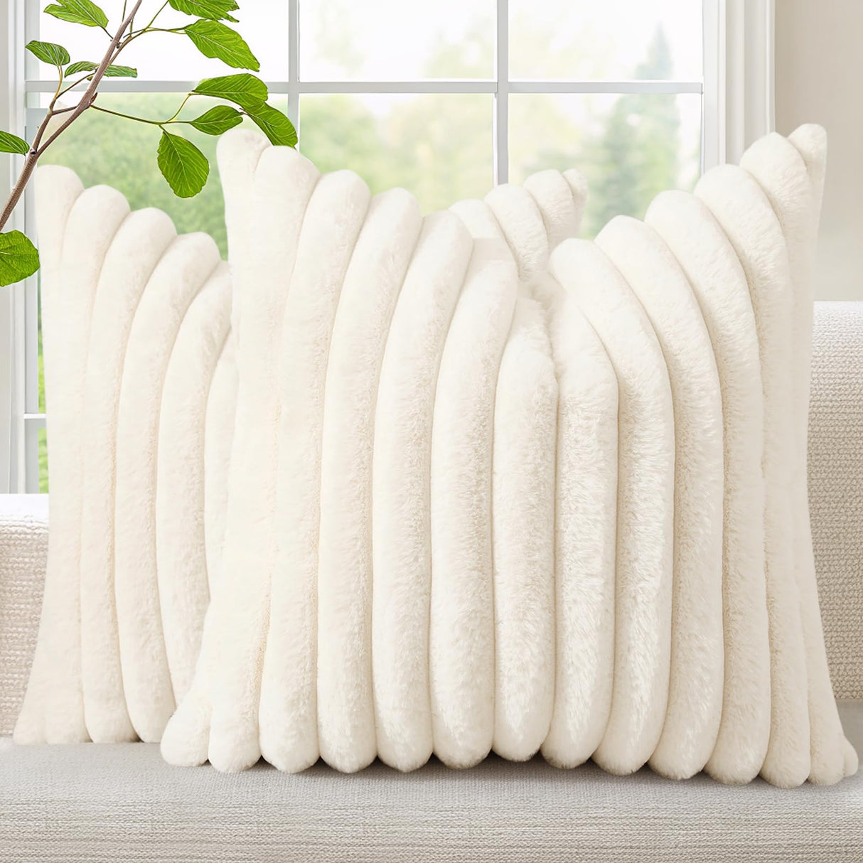 decorUhome Faux Fur Christmas Throw Pillow Covers 22x22 Set of 2, Decorative Soft Plush Striped Neutral Couch Euro Pillow Covers with Velvet Back for Sofa, Bed, Living Room Home Decor, Cream White