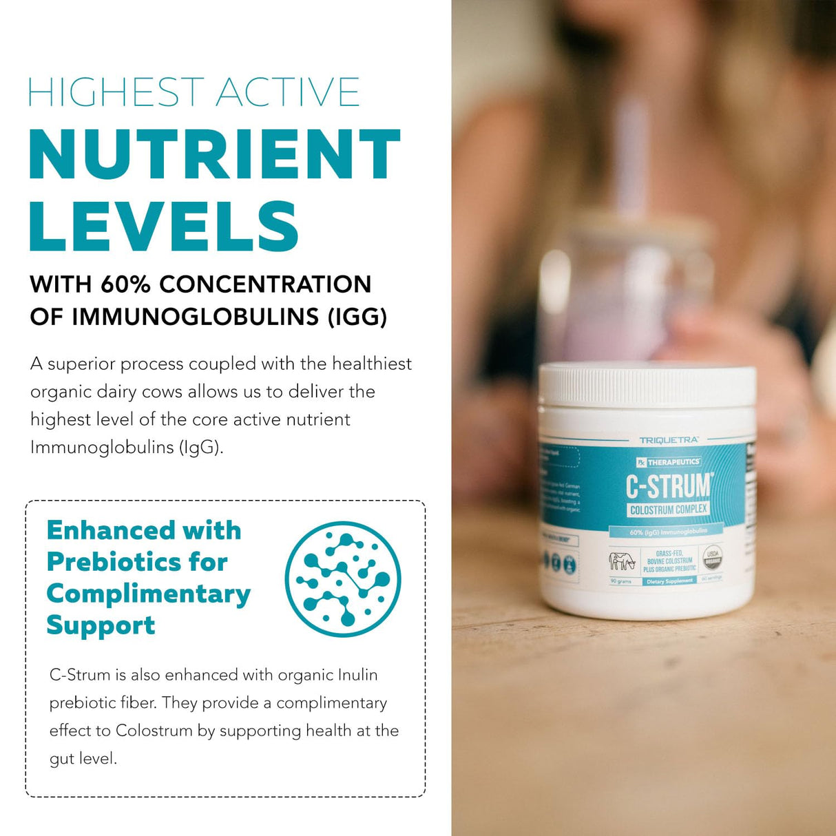 C-Strum® Organic Bovine Colostrum Powder, 60% igG, First Milking, Grass Fed, Max Strength Colostrum Supplement from German Dairy Cows - Gut, Immunity, Skin & Hair Support (60 servings)