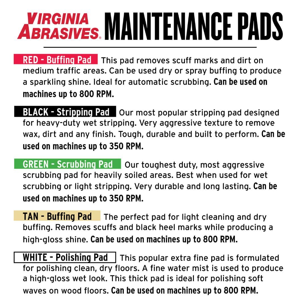 Virginia Abrasives Green Floor Maintenance Pads, Heavy Duty Non-Woven Scrub Pads for Floor Scrubber Machine & Orbital Machines, Deep Cleaning & Light Stripping for Heavily Soiled Floors, 20" - 5 Pack