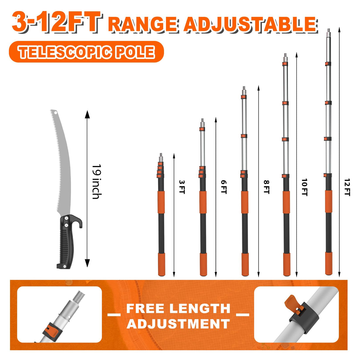 SISUPASSIE 20FT Reach Pole Saw for Tree Trimming, Telescoping Tree Pruner Extendable with 3-12FT Extension Pole, Manual Saw for Garden, Patios, Yard