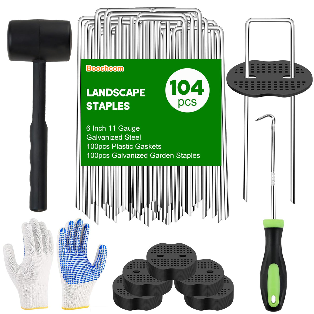 Landscape Fabric Staples with Rubber Hammer,6Inch 50pcs Galvanized Garden Pegs+ 50pcs Gaskets + Pick Hook + Gloves,Anti-Rust,U-Shaped Lawn Spikes,Yard Turf Pins for Weed Barrier,Ground Grass Cover