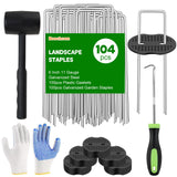 Landscape Fabric Staples with Rubber Hammer,6Inch 50pcs Galvanized Garden Pegs+ 50pcs Gaskets + Pick Hook + Gloves,Anti-Rust,U-Shaped Lawn Spikes,Yard Turf Pins for Weed Barrier,Ground Grass Cover