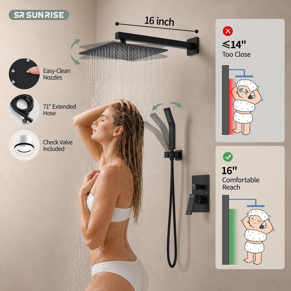 SR SUN RISE Black Square Rainfall Shower Head and Handle Set, Wall Mounted Shower Fixtures, Metal Shower Faucet Trim Repair Kits (With Shower Valve)