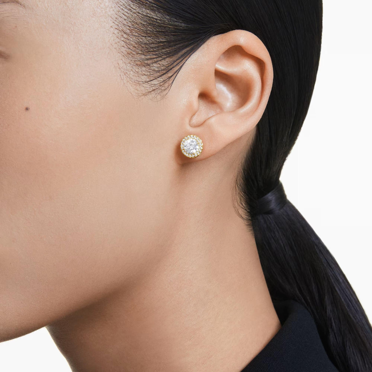 Swarovski Una Stud Earrings, Round Cut, Gold Tone, Gold-Tone Finished