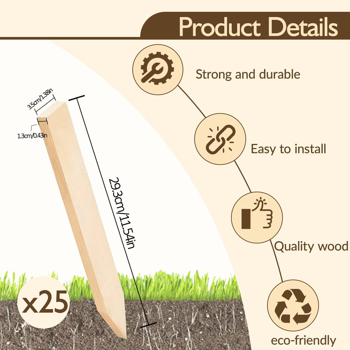 25 Pcs 12 Inch Wood Stakes, Sturdy Wooden Garden Stakes with Pointed Tip