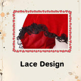 Colorful House Velvet Red Riding Hooded Cape Halloween Christmas Cloak(Black Lace Bright Red,23.62'')