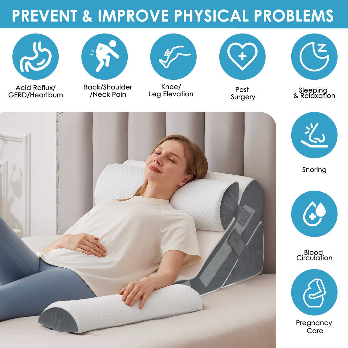 MEGCXIT 4PCS Bed Wedge Pillow for Headboard, 10-in-1 Adjustable Foam Wedge Pillow for Acid Reflux Relief, 23” Wide Triangle Pillow Wedge for Post Surgery, Back Pain Relief & Snoring, White/Grey