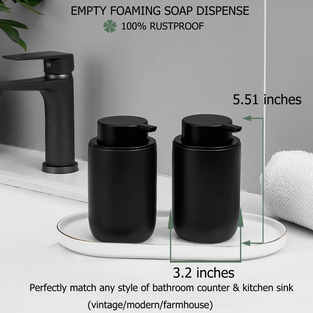 Foaming Soap Dispenser Thick Ceramic Foam Hand Soap Dispenser for Bathroom or Kitchen Sink, Liquid Pump Bottles for Hand soap, Body Wash, 2 Pack Black