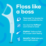 Plackers Twin-Line Dental Flossers, Advanced Whitening and Dual Action Flossing System, Easy Storage, Super Tuffloss, 2X The Clean, Cool Mint Flavor, 150 Count (Pack of 4)