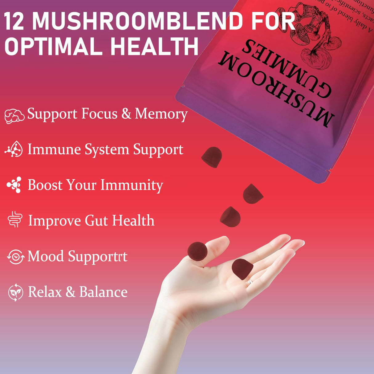 Sky Nutrition Mushroom Gummies, 12 in 1 Mushroom Blend with Lions Mane, Turkey Tail, Organic Reishi, Cordyceps, Immune Support & Energy Boost, Mushroom Supplement for Adults, Non-GMO, 60 Gummies