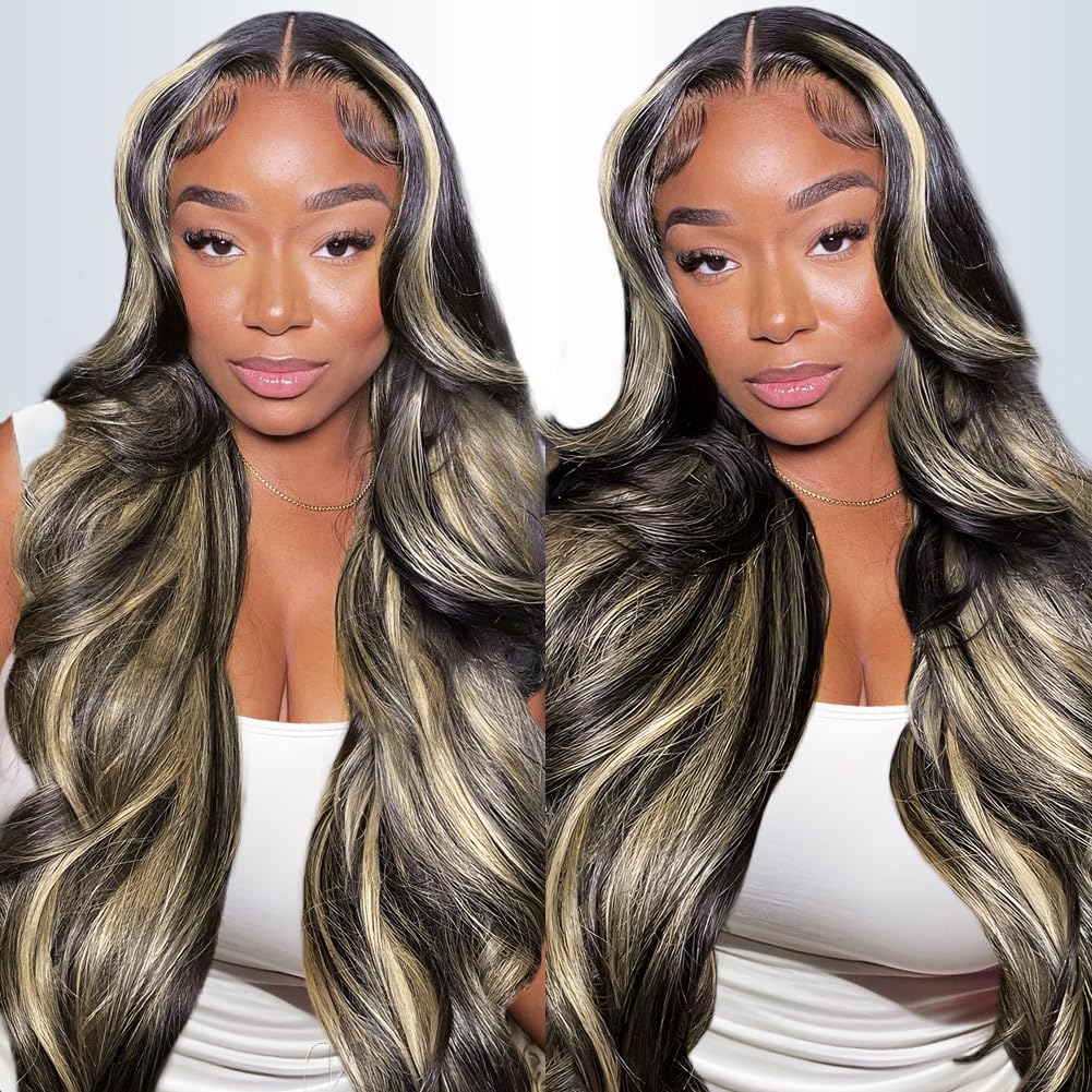 ABALON FB/27 28 Inch Highlight Balayage Lace Front Wig Human Hair 13x4 HD Lace Frontal Wigs Human Hair Body Wave Wig 200% Density Ombre Glueless Wigs Human Hair Pre Plucked with Baby Hair for Women