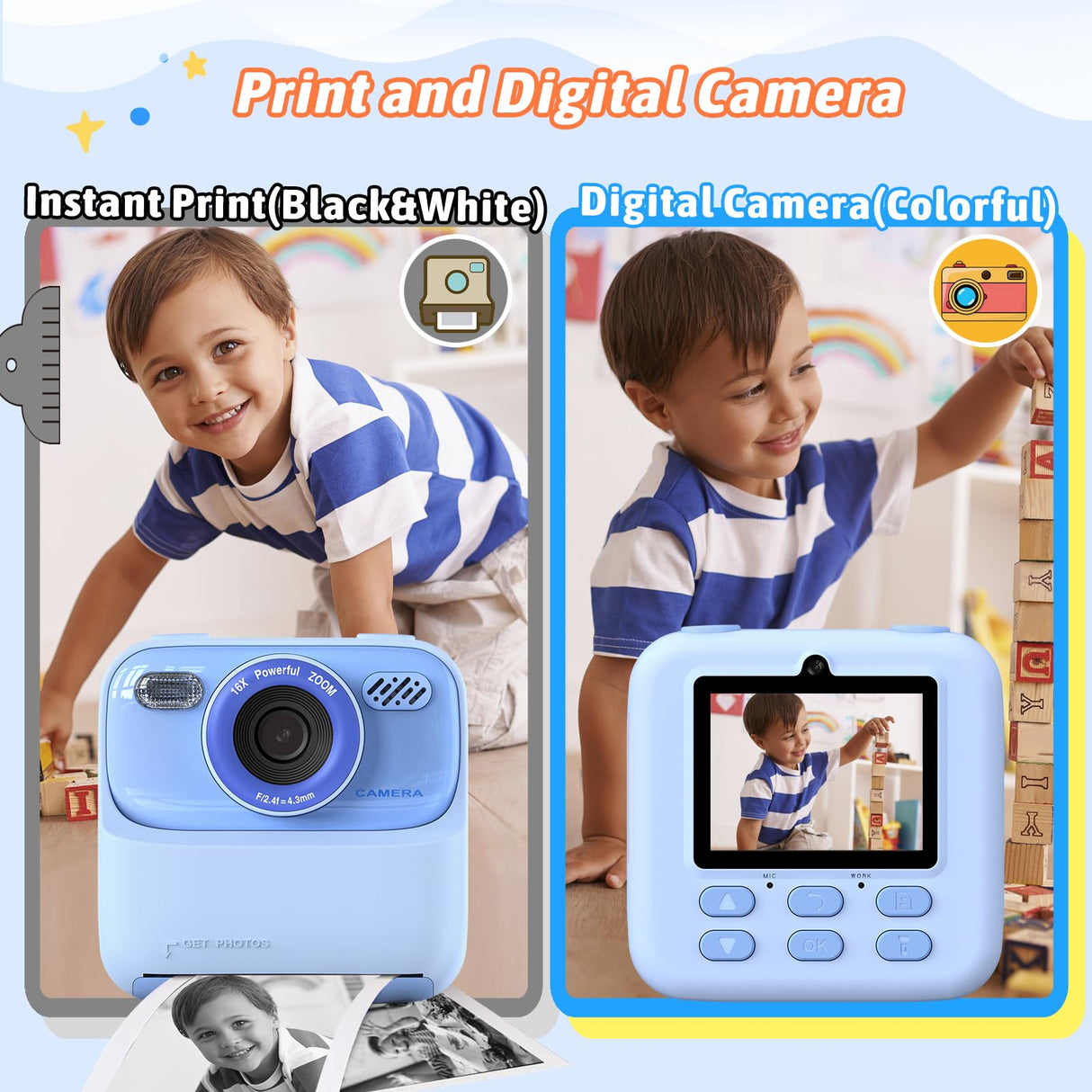 Kids Instant Digital Cameras for Boys and Girls, 1080P HD Dual-Lens Selfie Digital Camera with Print Paper & 32G Card, Christmas Birthday Gifts Toys for Toddler and Teenagers Age 3-16 Years Old