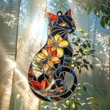 Floral Black Cat Acrylic Suncatcher, Boho Suncatchers for Window Hanging Ornament, Stained Glass Effect Art Garden Decor for Cat Lover, Gifts for Mother's Day, Mom, Grandma, Wife, Women, Nana