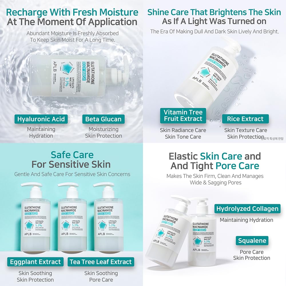 APLB Glutathione Niacinamide Body Wash | LIPO GLUTA NIAC CEN™ 5.3% 10.14 FL.OZ/Korean Skincare, Gentle Ingredients for The Safety of Your Skin, Long Lasting deep Moisture for Soft Skin