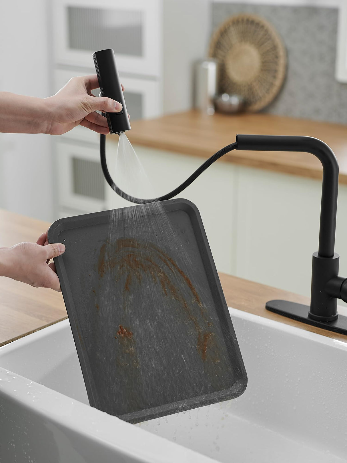 Kitchen Faucet with Pull Down Sprayer, Matte Black Waterfall Kitchen Sink Faucet, Commercial Single Handle Stainless Steel Faucet with 3 Spray Modes for Farmhouse, RV, Laundry & Utility Sink