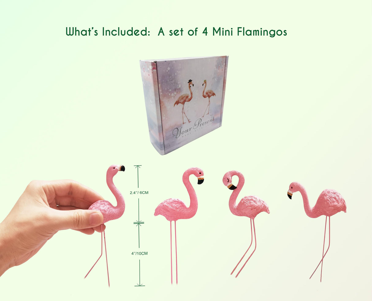 PEGZOS Mini Flamingos Figurines with Stakes - Set of 4 Small Flamingos Garden Gifts for Women Resin for Flower/Plant Pot Decorations - Miniature Fairy Garden