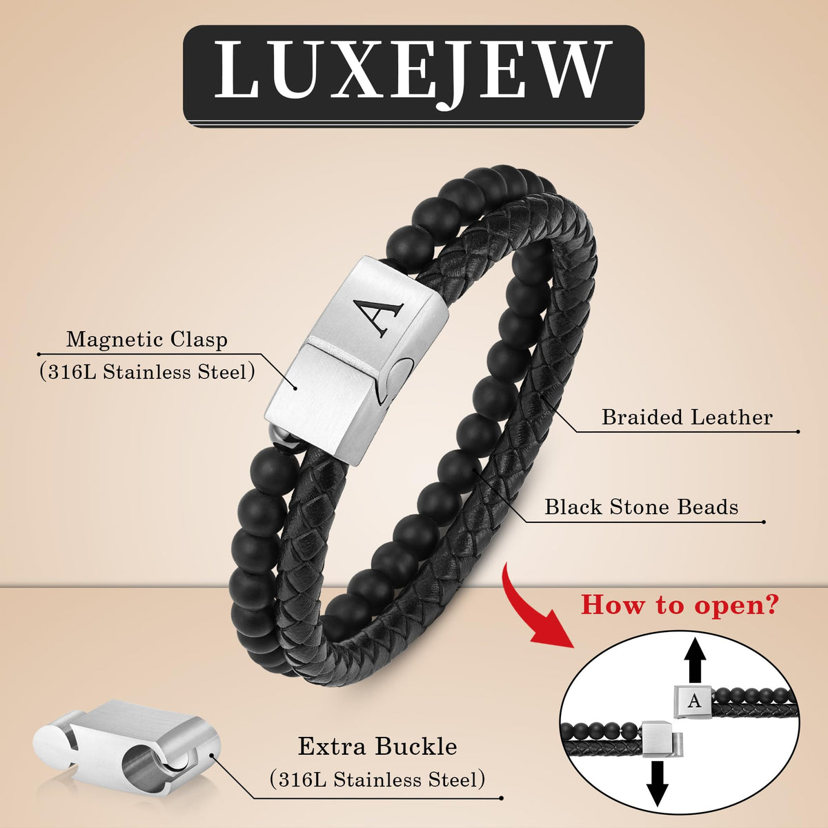 LUXEJEW Mens Bracelet - Leather Beaded Bracelets for Men Matte Agate Beads J Initial Bracelet for Mens Jewelry Fathers Day Ideas Gifts for Grandpa Dad Son Birthday Gifts for Men Husband Boyfriend