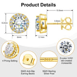 Delzzad Moissanite Earrings for Men, Solid S925 Sterling Silver and 18K Golden Plated Halo Stud Earrings for Women Valentine's Day Mother's Day - D Color VVS1 Hypoallergenic Dainty Moissanite Jewelry for Sensitive Ear, 6.5mm(1ct*2)