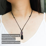 Handmade Raw Black Tourmaline & Amethyst Necklace – Macramé Crystal Pendant for Spiritual Balance, Grounding & Everyday Energy Gift for Men, Women