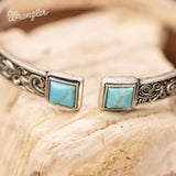 Montana West Wrangler Western Turquoise Bracelet for Women Cowgirl Country Adjustable Silver Plated Carved Floral Open Cuff Bangle Jewelry WGW-STL-1119STQ